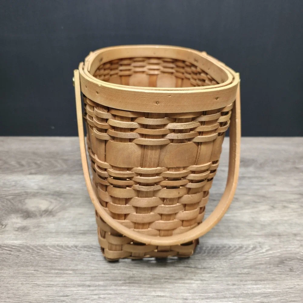 Vintage Double Handled Light Brown Wooden Basket 13x6x9 Rustic Home Decor